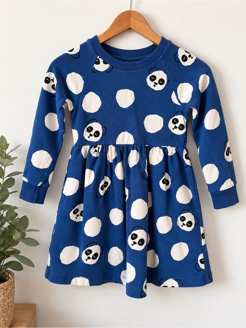 Hanna Andersson Panda Print Dress Blue Cotton Long Sleeve Girls 6-7